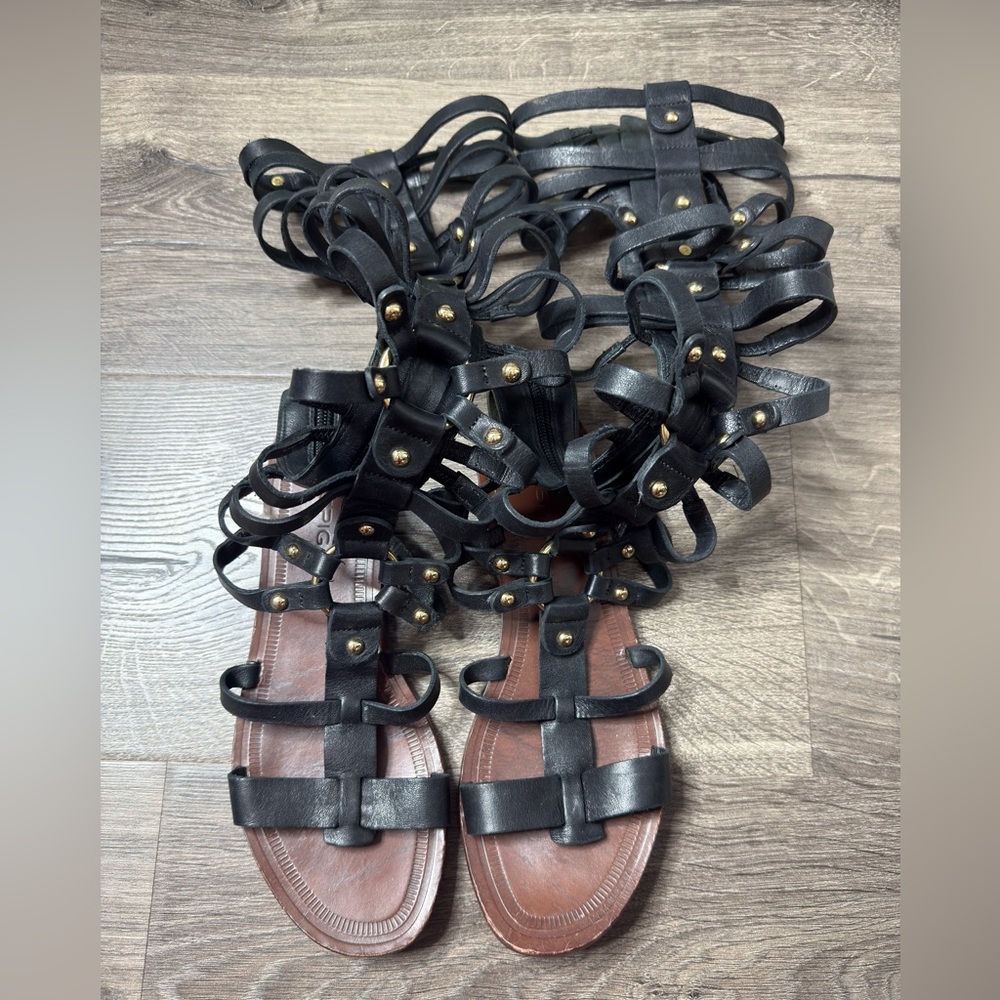 Via Spiga Black Leather Lace-Up Gladiator Sandals with Gold Studs